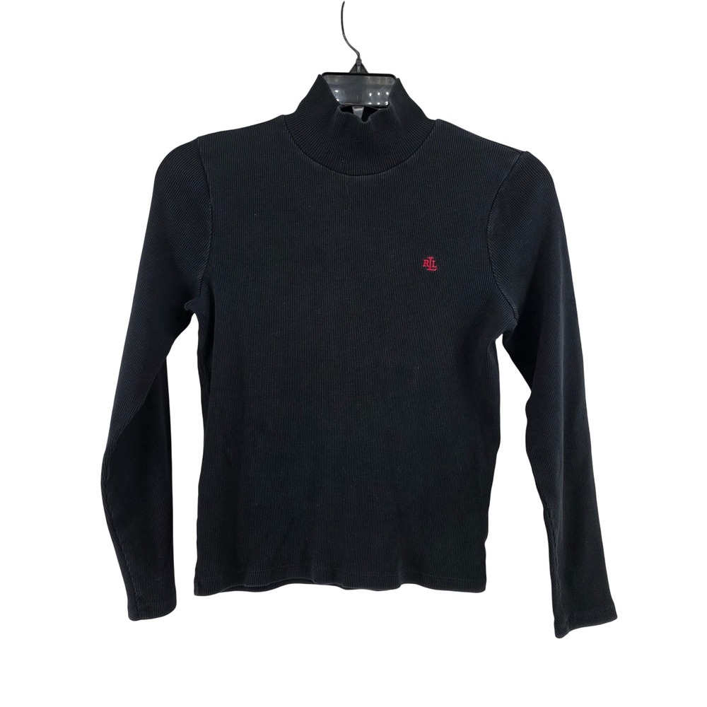 Lauren Ralph Lauren Womens Black Ribbed Mock Neck Long Sleeve Top Small LRL